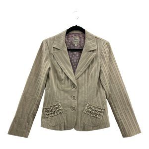 Nanette Lepore Womens Blazer Beige Stripe Long Sleeve Ruffle Pockets Stretch 6